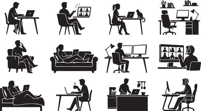 Set of black silhouette showing people working remotely, using laptops, attending meetings, and performing home office tasks