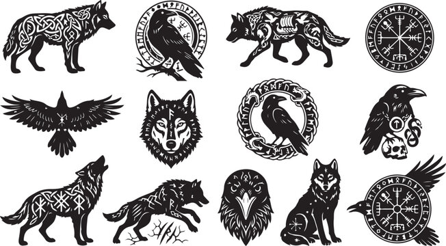Twelve black and white of wolves and ravens featuring viking runes, vegvisir compass symbols and intricate knotwork patterns