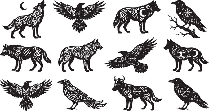 Twelve black and white tribal silhouettes of wolves and ravens featuring celestial moons, tree of life, and norse symbols on white background