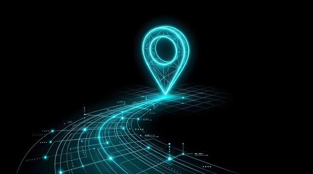 Glowing blue digital location pin icon on a futuristic cyber data path