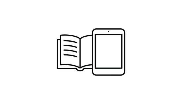 Simple black line art icon featuring an open physical book next to a modern digital tablet or electronic e-reader.
