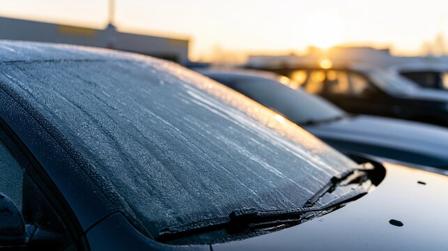 Car windshield covered in frost and dew at sunrise, golden light reflecting on the glass surface