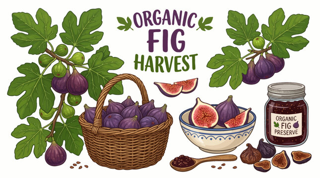 Very beautiful realistic vector illustration of an ORGANIC FIG HARVEST COLLECTION featuring fig tree, large leaves, developing green figs, ripe purple figs, sliced figs, seeds, dried figs, fig preserv