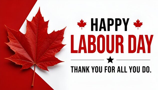 Happy Labour Day Canada greeting banner with red maple leaf on geometric background