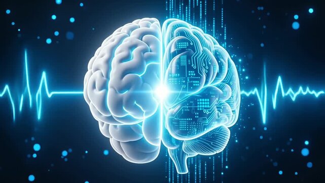 Glowing digital brain merging with circuit board patterns in this high tech conceptual motion animation video