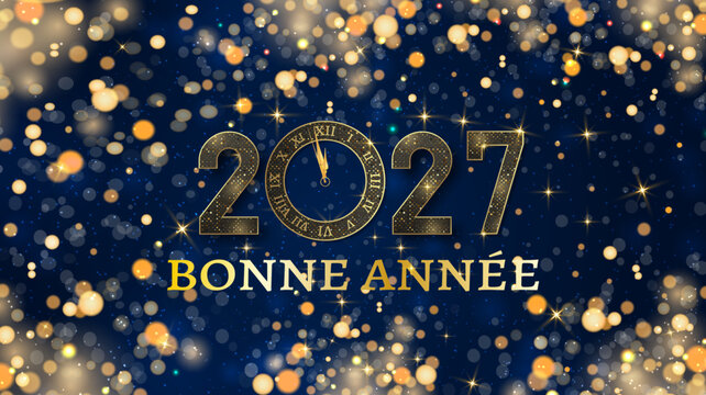 carte ou bandeau pour souhaiter une bonne ann&eacute;e 2027 en or le 0 est une horloge sur un fond bleu avec des ronds or en effet Bokeh