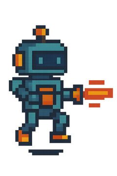 Pixel Art Sci Fi Robot with Blaster Game Character