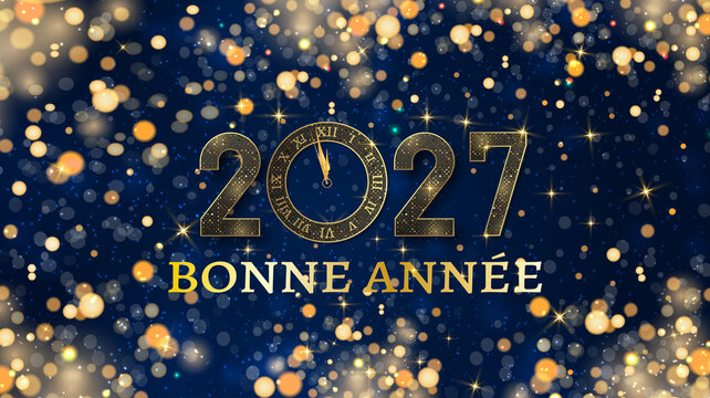 carte ou bandeau pour souhaiter une bonne ann&eacute;e 2027 en or le 0 est une horloge sur un fond bleu avec des ronds or en effet Bokeh