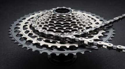 Obraz premium Close Up of Metallic Bicycle Gear Cassette and Chain on Dark Background