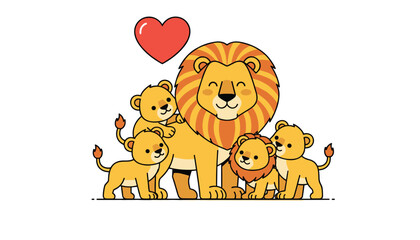 Obraz premium Proud lion father surrounded by four cute and happy lion cubs with a large red heart floating above their family group on a white background area.