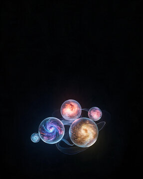 Glowing multiverse bubbles representing parallel universes floating in dark cosmic void
