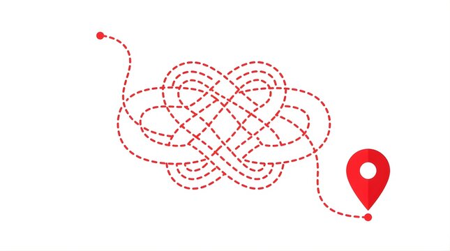 Red dashed line forming a complex tangled path leading to a map pin