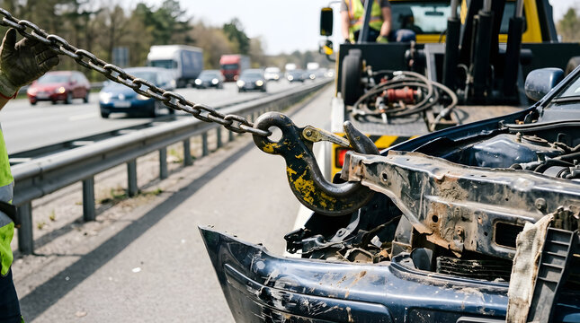 Tow truck operator hooking a heavy metal chain and yellow crane hook to the damaged front bumper of a wrecked broken car after a traffic accident on a busy highway roadside with passing traffic