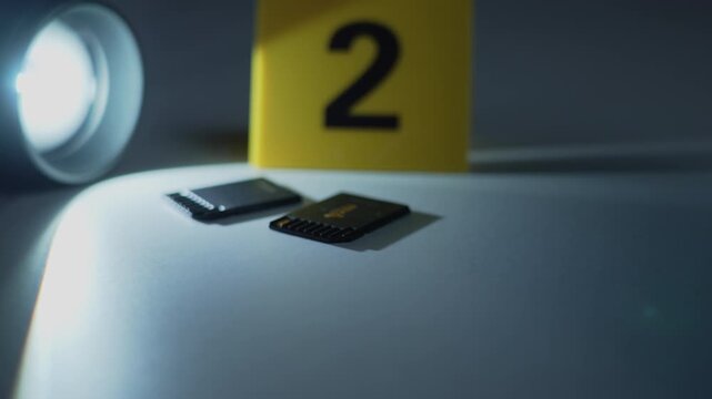 SD card under flashlight beam as hand places evidence marker two, focus shift to marker, dark cybercrime scene, forensic investigation