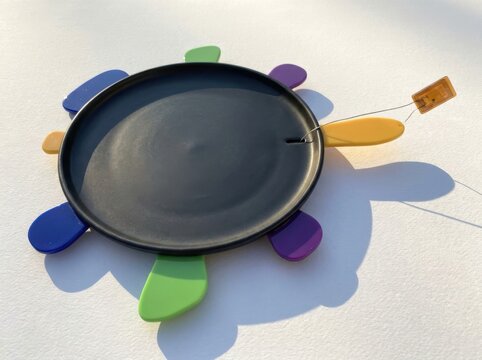 Abstract disc installation with colorful tabs and long shadow on white