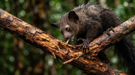 Fototapeta premium Aye-aye Lemur on a Branch: A rare aye-aye lemur with its distinctive long finger and large eyes clings to a tree branch in its natural forest habitat, foraging for insects.