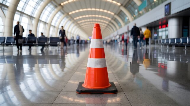Vibrant orange traffic cone stands prominently on a polished floor inside a busy modern airport terminal