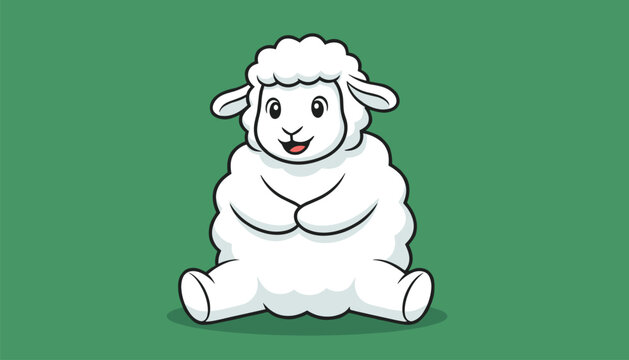 Adorable fluffy white sheep sitting comfortably and smiling warmly with its front legs folded on a soft green background for kids and nursery.
