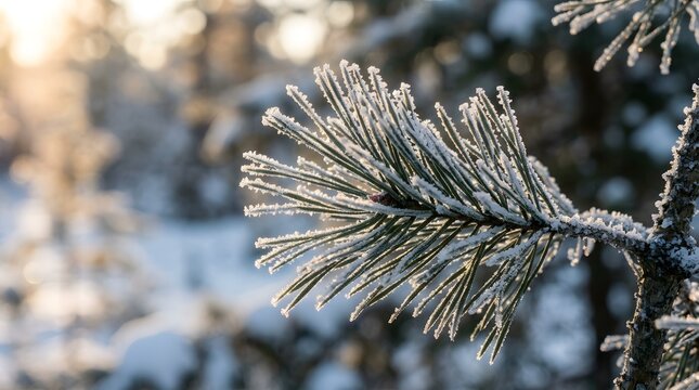 Frost-covered pine needles on a branch in winter sunlight