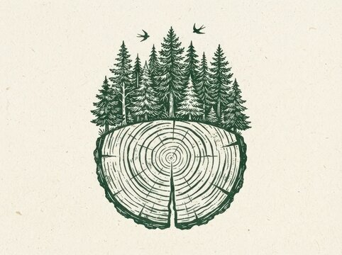 Handdrawn illustration of a tree stump with growth rings and a forest of pine trees above, nature concept art with birds flying, vintage engraving style