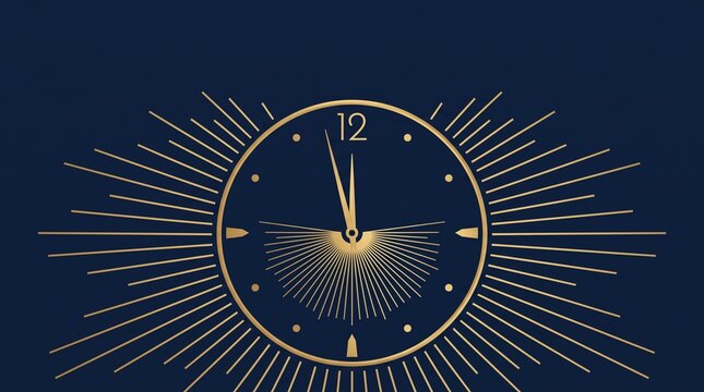 Minimalist gold vector clock face pointing at midnight on navy