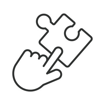 Finding a solution and problem solving icon in line design. Solution, problem solving, puzzle, hand, completion, discovery, finding on white background vector. Finding a solution and problem solving e