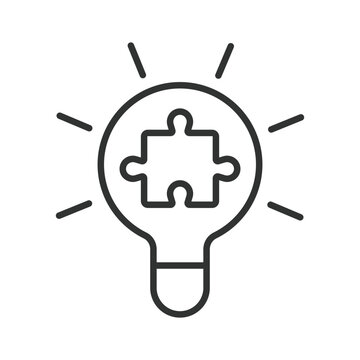 Idea generation and creative solution icon in line design. Idea, innovation, solution, lightbulb, puzzle, creativity, insight on white background vector. Idea generation and creative solution editable