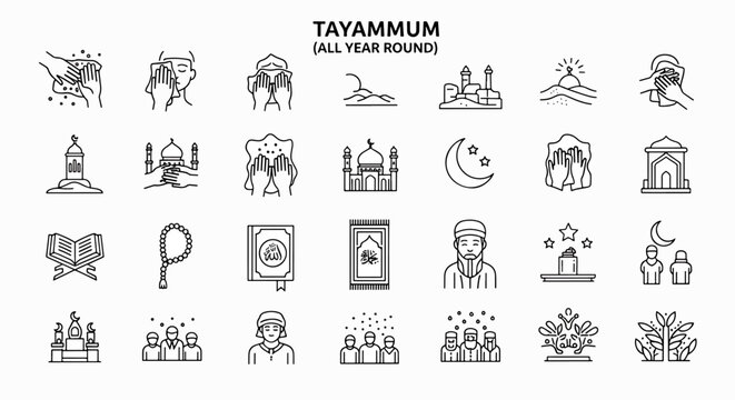 Tayamum Icon Set All Year Round Vector Illustration. Islamic Rituals and Practices for Purification and Prayer