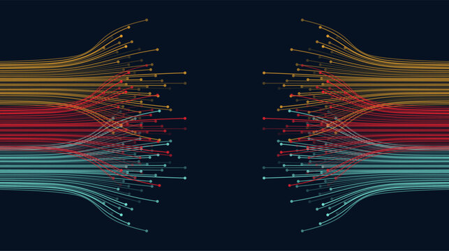 Colorful data lines spread from both sides on a dark technology background. Useful for network, transfer, speed, and digital innovation concepts.