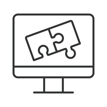 Digital problem solving icon in line design. Digital solution, online puzzle, computer screen, monitor, technology, problem, solution on white background vector. Digital problem solving editable strok