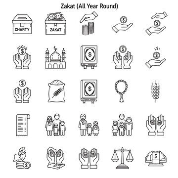 Zakat All Year Round Icon Set Vector Illustration Charity Islamic Religious Giving Money Symbol