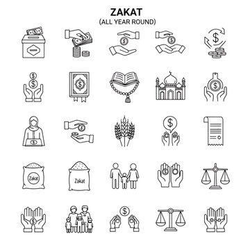 Zakat Icons Set All Year Round Charity Giving Islamic Religion Donation Money Financial Aid Vector Illustration