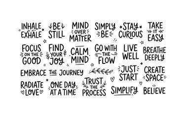 Obraz premium Motivational Hand Lettered Phrases and Mindfulness Quotes Set for Posters or Social Media Graphics