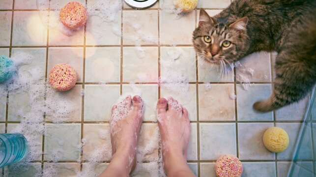Domestic cat curiously watching a person's bare feet covered in soap suds on a tiled shower floor surrounded by bath sponges