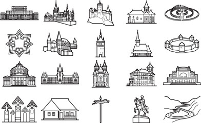 Fototapeta premium A collection of various architectural landmarks and historical buildings in an illustrative, hand-drawn style, showcasing a range of structures from castles to churches and monuments.