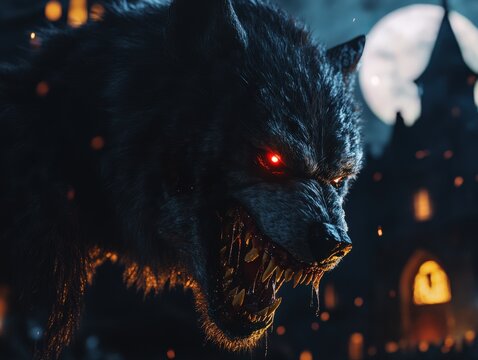 A menacing werewolf with red eyes snarls, saliva dripping from its teeth, set against the silhouette of a creepy castle and a full moon in the background.