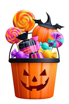 Digital illustration of a Halloween candy bucket filled with colorful sweets and lollipops, set against a pure white background.
