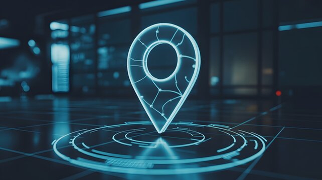 Glowing digital location pin icon on a futuristic blue grid surface representing advanced navigation technology