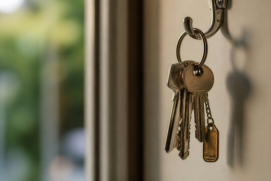 A set of keys hangs on a hook mounted on a light-colored wall indoors.