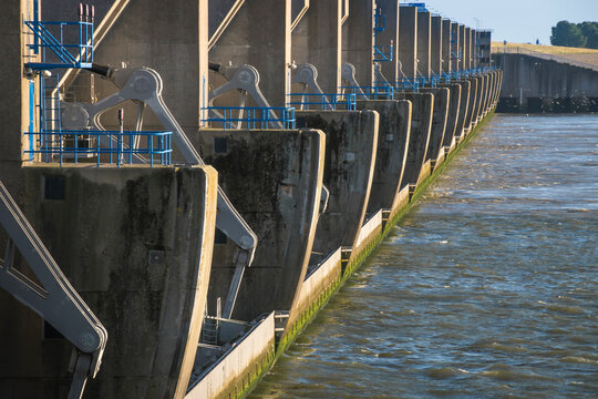 Flood defense system between the 'Haringvliet' and the North Sea in the Netherlands. Dutch engineering. 