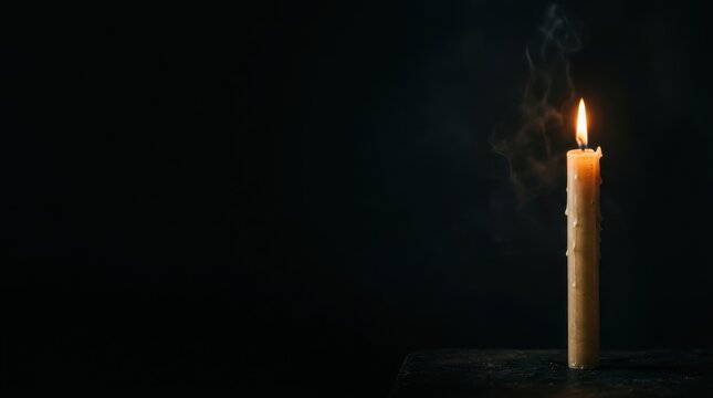 Minimalist Dark Advertising Banner with Single Glowing Wax Candle and Smoke in a Black Room, Dramatic Chiaroscuro Horror Aesthetic and Large Copy Space for Creative Campaigns
