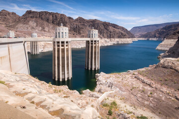 The mighty Hoover Dam between Nevada and Arizona creating electricity for the nearby city of Las Vegas. View toward Lake Mead. © Rob