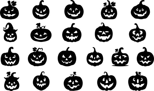 Array of twenty different spooky jack o lantern silhouettes for halloween