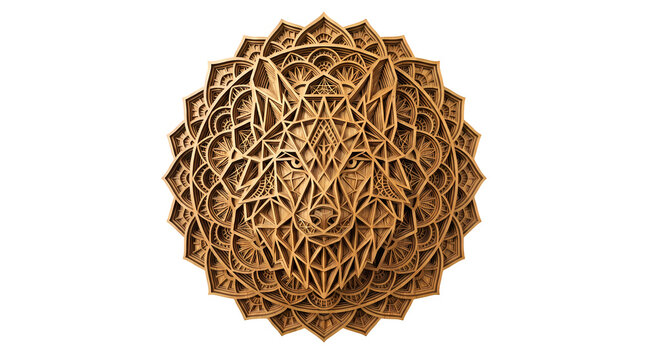 Intricate wooden mandala with wolf head at center symbolizing strength and wild nature for wall art decor.