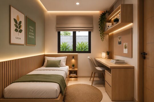 A cozy, modern minimalist small bedroom interior with a single bed against a wood slat wall. Features warm LED lighting, a built-in desk, floating shelves, potted plants, and botanical art prints.