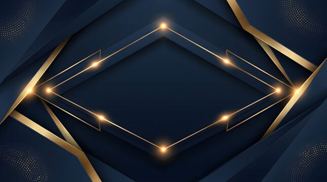 Abstract dark blue background with golden geometric lines and lights