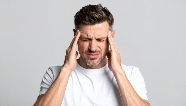 Man suffering from severe headache migraine pain rubbing temples on gray background