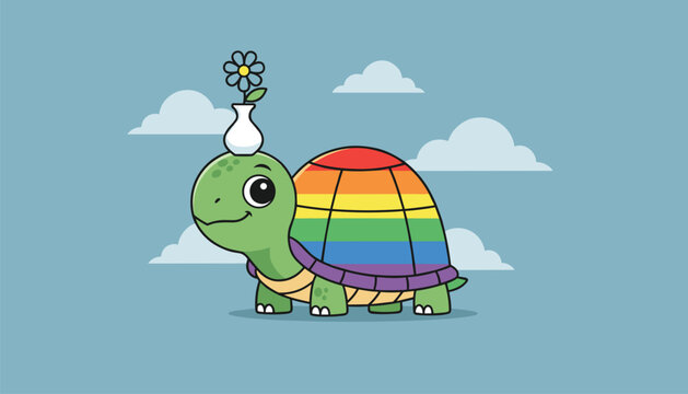 Cute cartoon turtle with a rainbow shell and a flower vase on its head walks across a simple blue sky and cloud background.