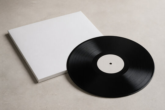A white album sleeve and a black vinyl record are displayed on a plain, light-colored surface.