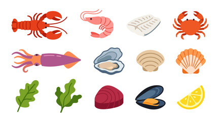 Obraz premium Set of fresh seafood illustrations including lobster shrimp crab squid and shellfish.
